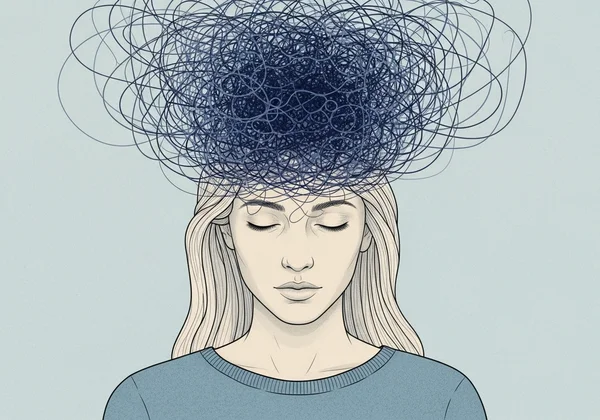 A person with swirling thoughts inside their head, calm outside.