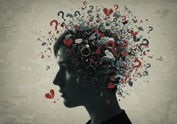 Человек с кружащимися, тревожными мыслями об отношениях.