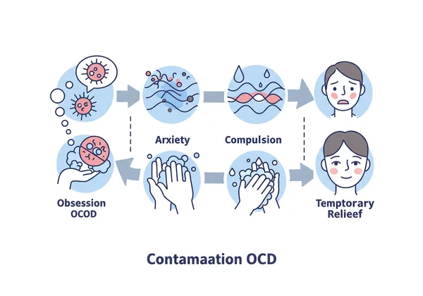 Illustration of the OCD cycle: obsession, anxiety, compulsion, relief.
