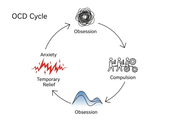 Diagram showing the cycle of OCD: obsession, anxiety, compulsion.