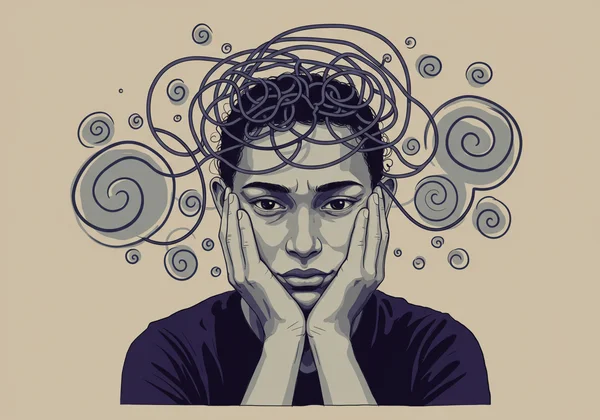 Person struggling with repetitive thoughts, mental loops