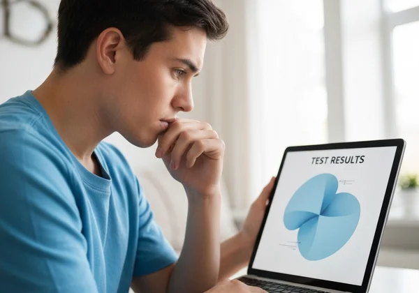 Person reacting to an online test result on a screen.