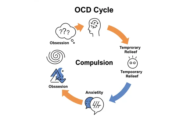 Diagram showing the OCD cycle: obsession, anxiety, compulsion