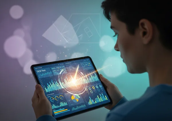 Person interpreting online OCD test results on a screen