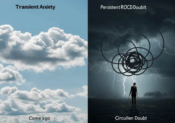 Visual contrast of transient anxiety vs persistent ROCD doubt.