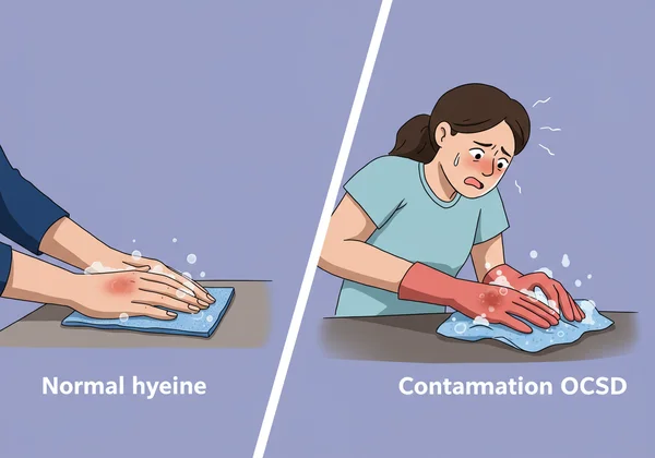 Two distinct panels: normal hygiene vs. disruptive OCD behaviors.