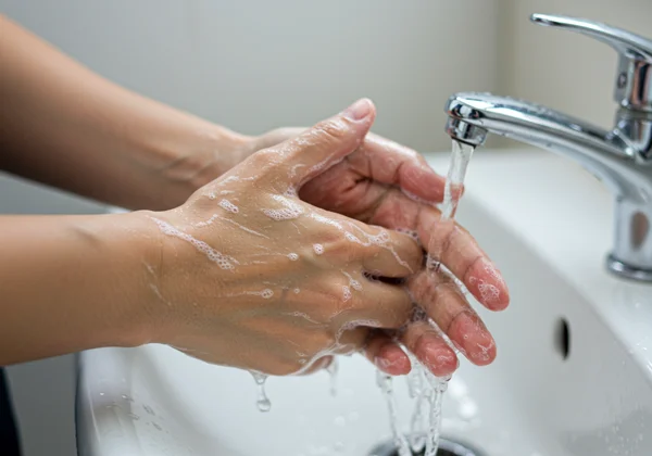 Hands excessively washing under water, skin appears red.