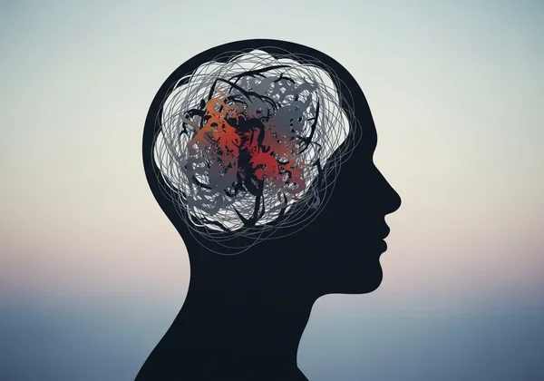 A person's head with swirling, chaotic thoughts inside