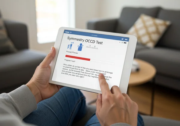 A user taking a confidential online OCD test on a tablet.