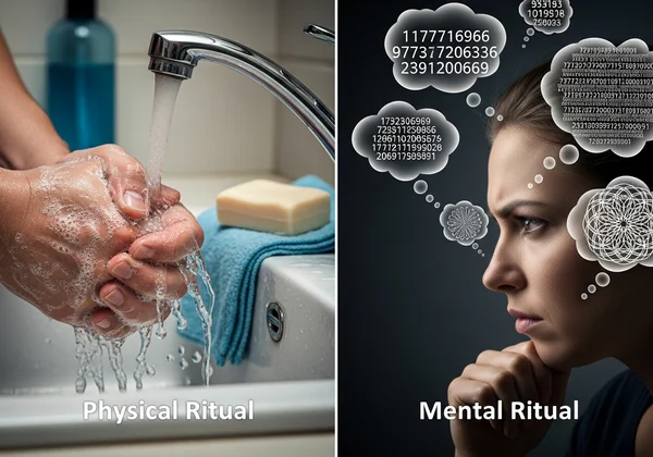 Illustrates physical and mental compulsions in OCD.